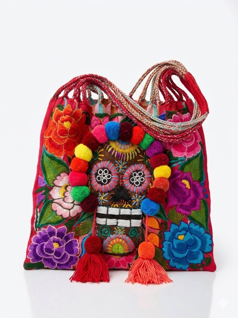 Mexican Folk Art Sugar Skull Tote Bag Floral Embroidered Pom Poms Pink OS